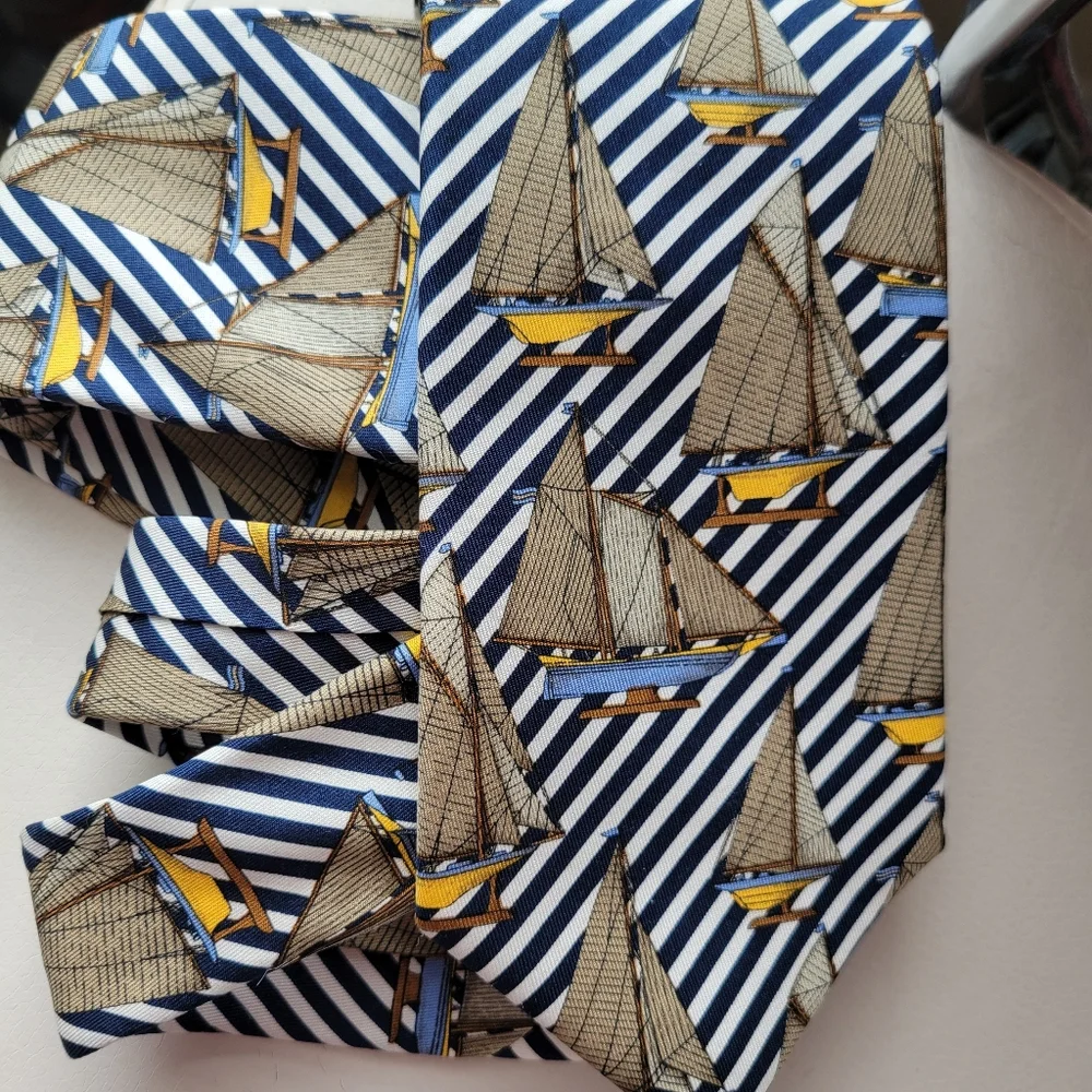 Lands' End Silk Necktie Hand Sewn Nautical Sailboats Coastal Preppy ~ GUC ~ 80s